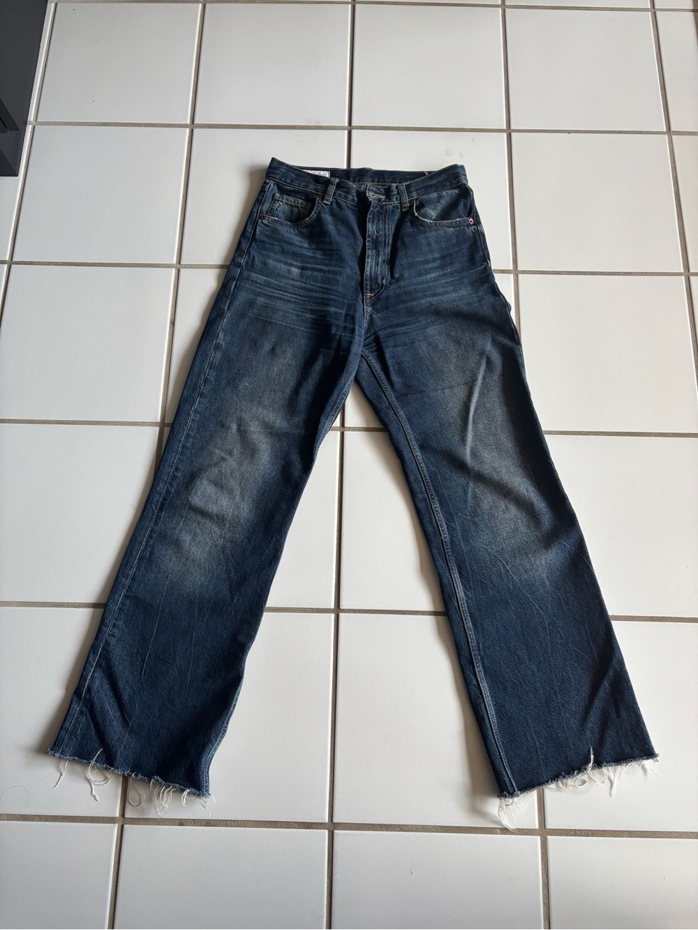 Zara Dark Blue Wide-Leg Jeans with Frayed Hem